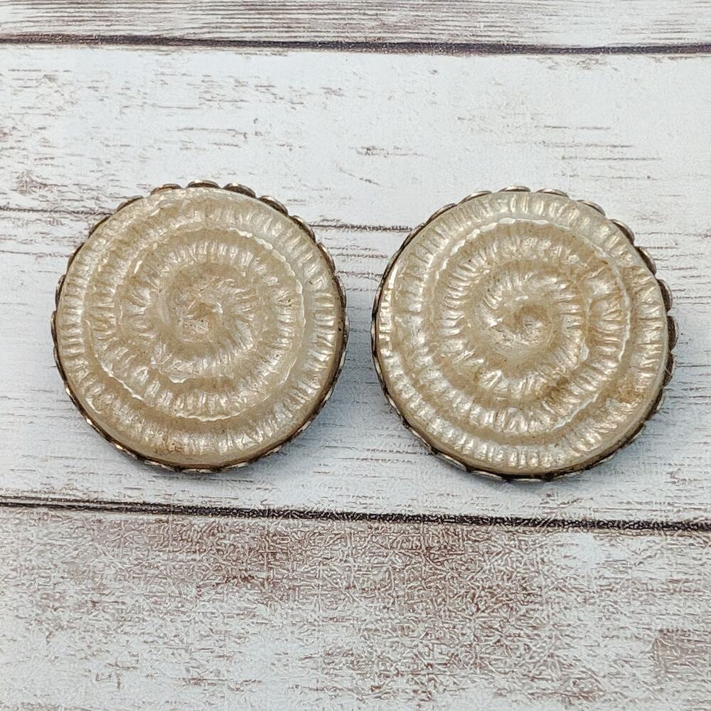 Vintage Clip On Earrings Large Beige Spiral 1 & 1/8"